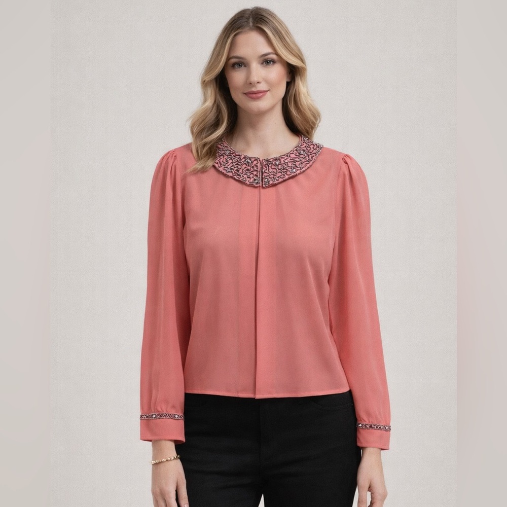 Elegant Pink Women's Top with Embellished Collar